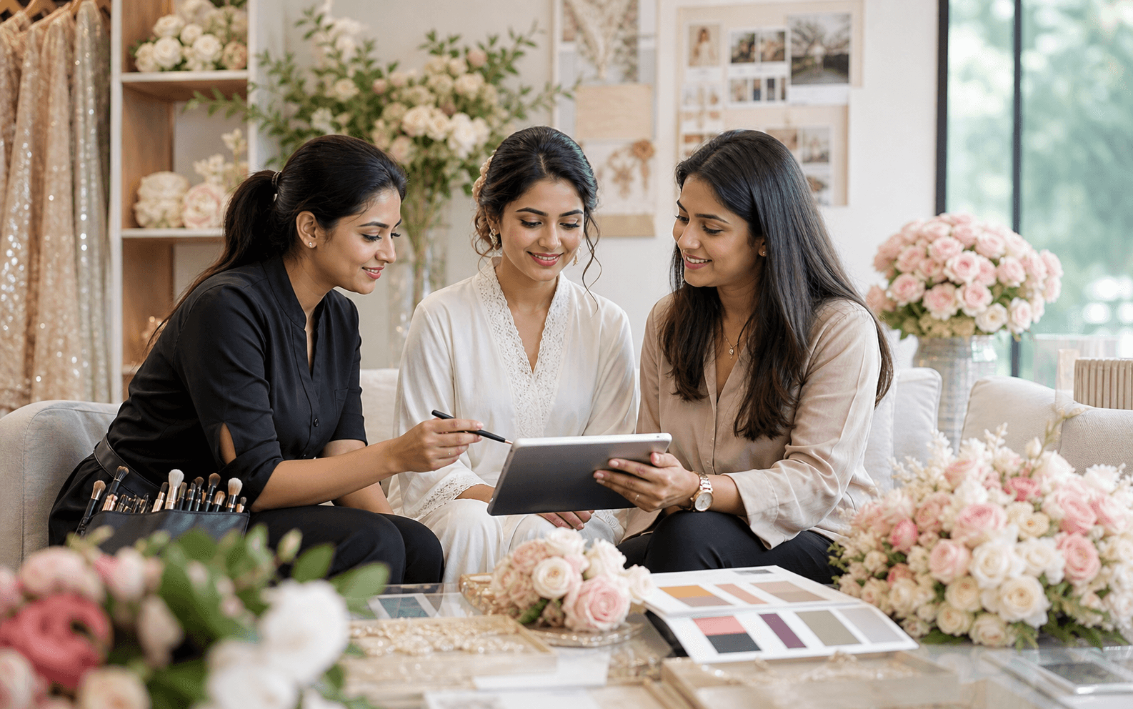 Bridal makeup and wedding vendor consultation with a client