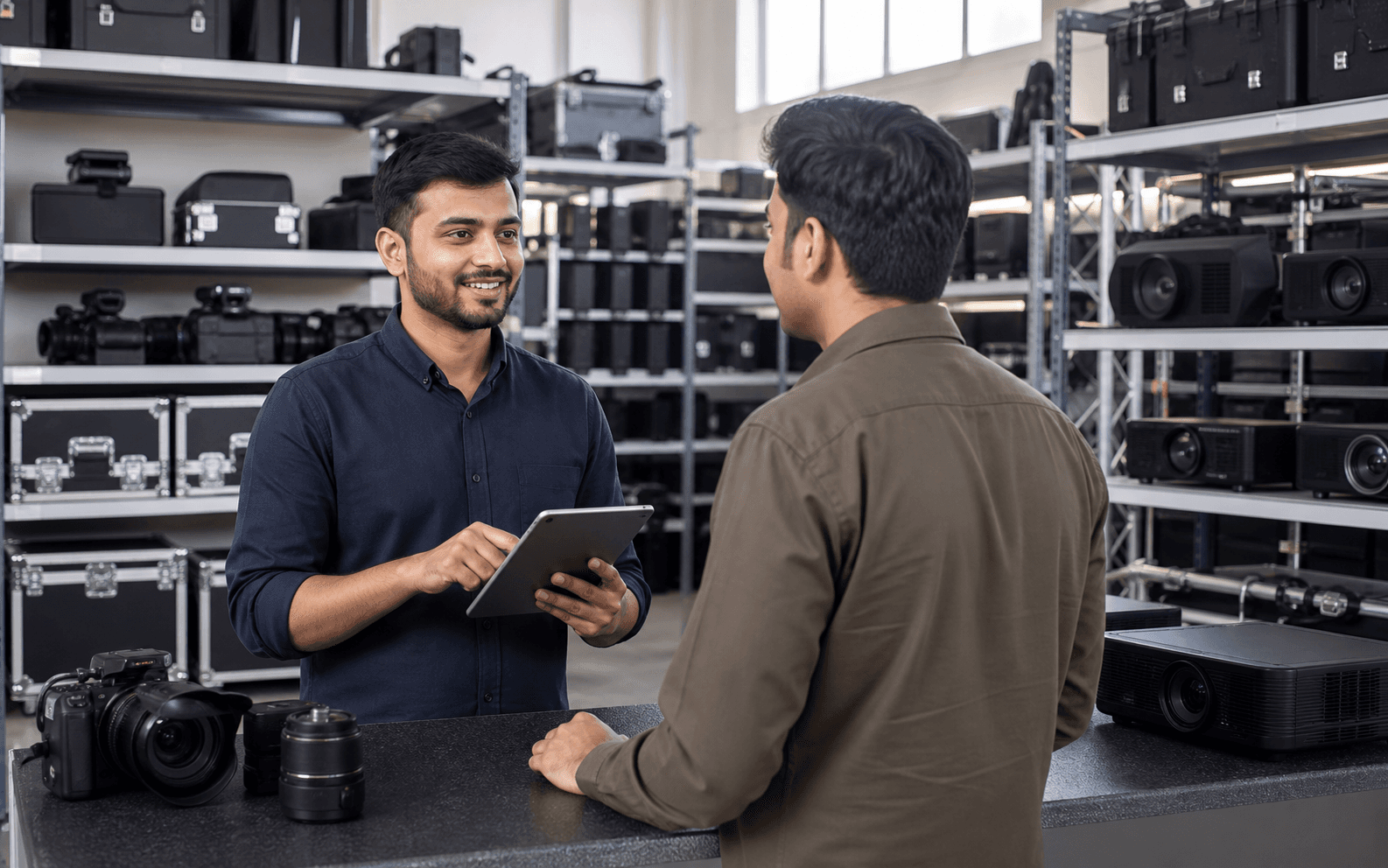 Customer collecting reserved equipment during a scheduled appointment