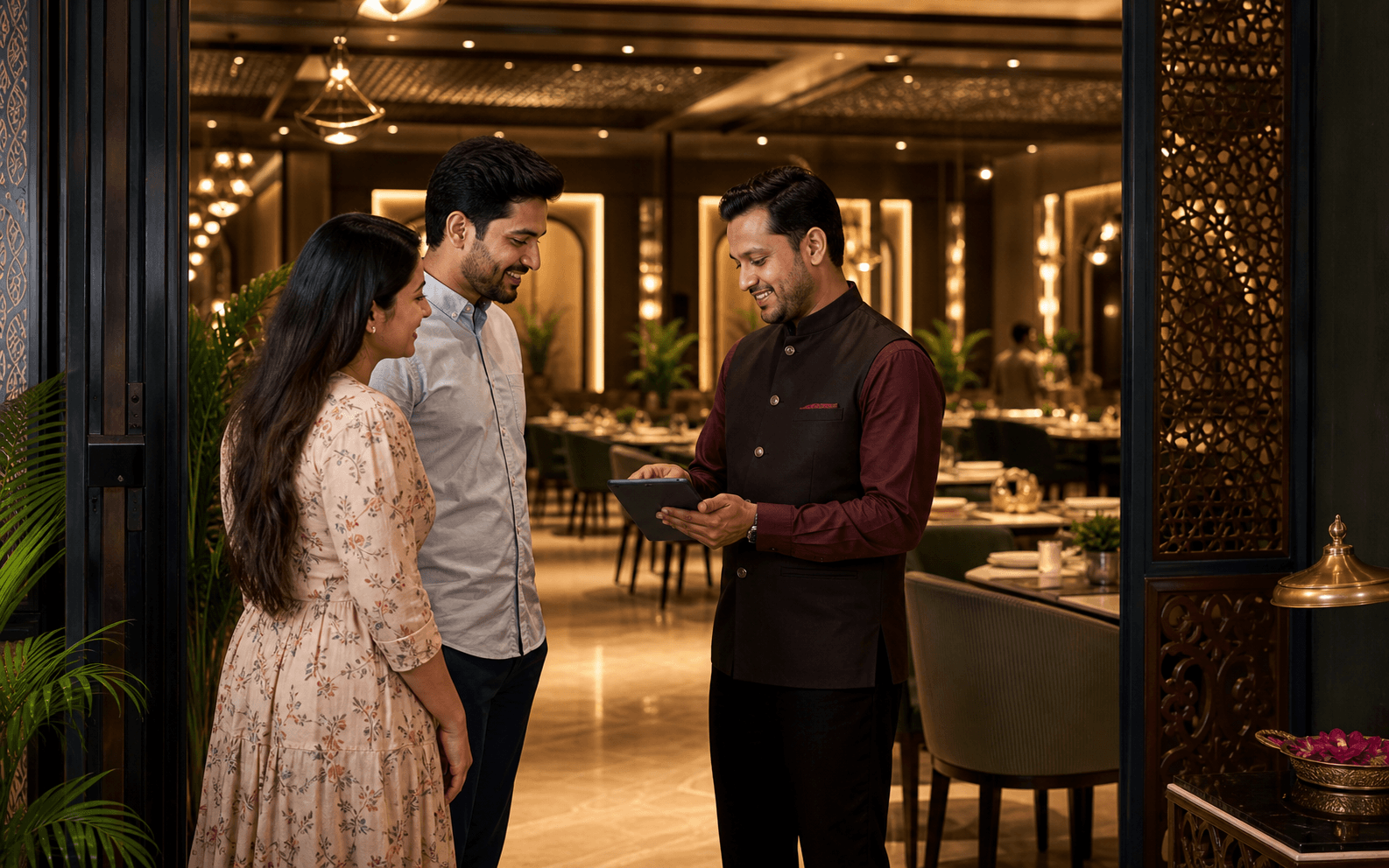 Restaurant host confirming a dining reservation at the welcome desk