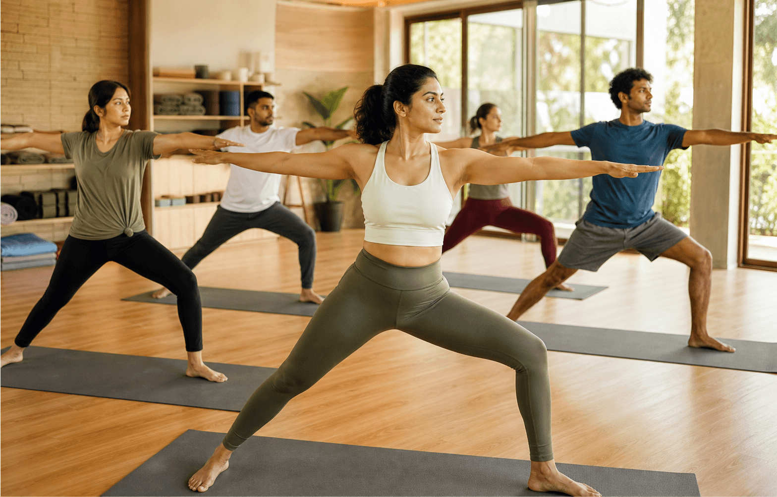 Yoga instructor leading a scheduled studio class